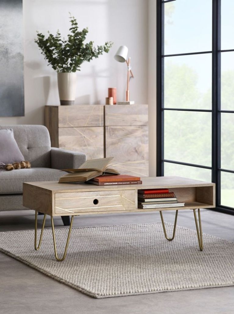 Kaza Light Mango Wood 1 Drawer Coffee Table - Hairpin Legs with Gold Geometric Inlay