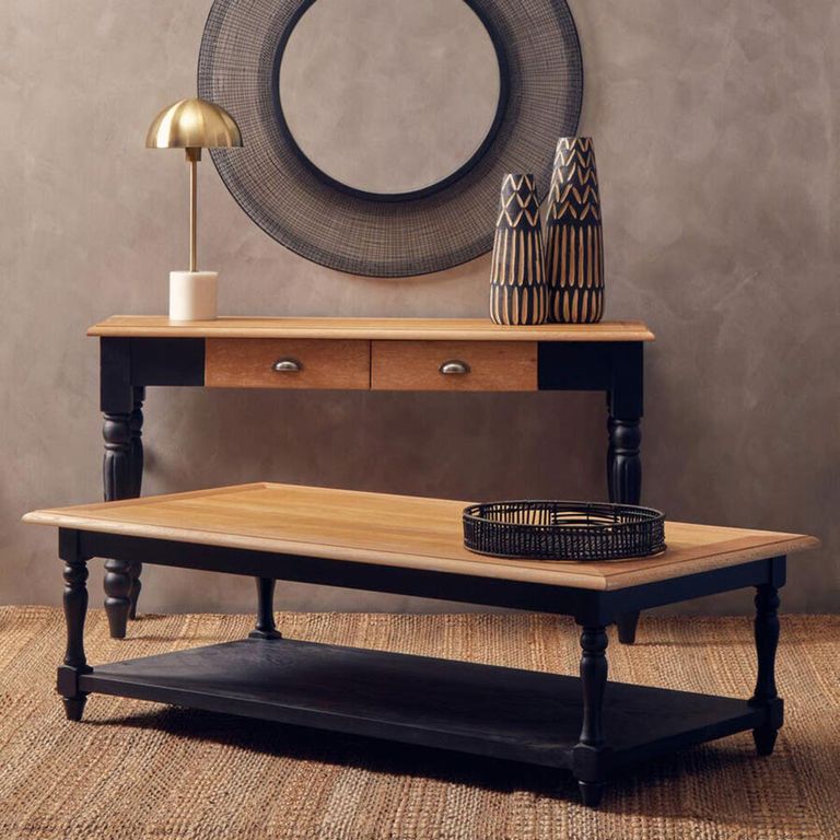 Kensington Townhouse Coffee Table - Antique Oak and Black with Shelf