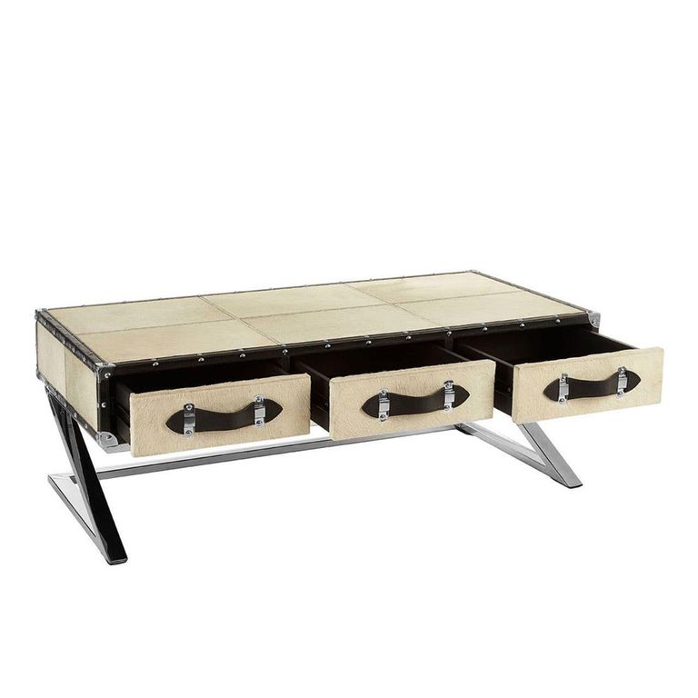 Kensington Townhouse Coffee Table - 3 Drawer - Beige Faux Fur