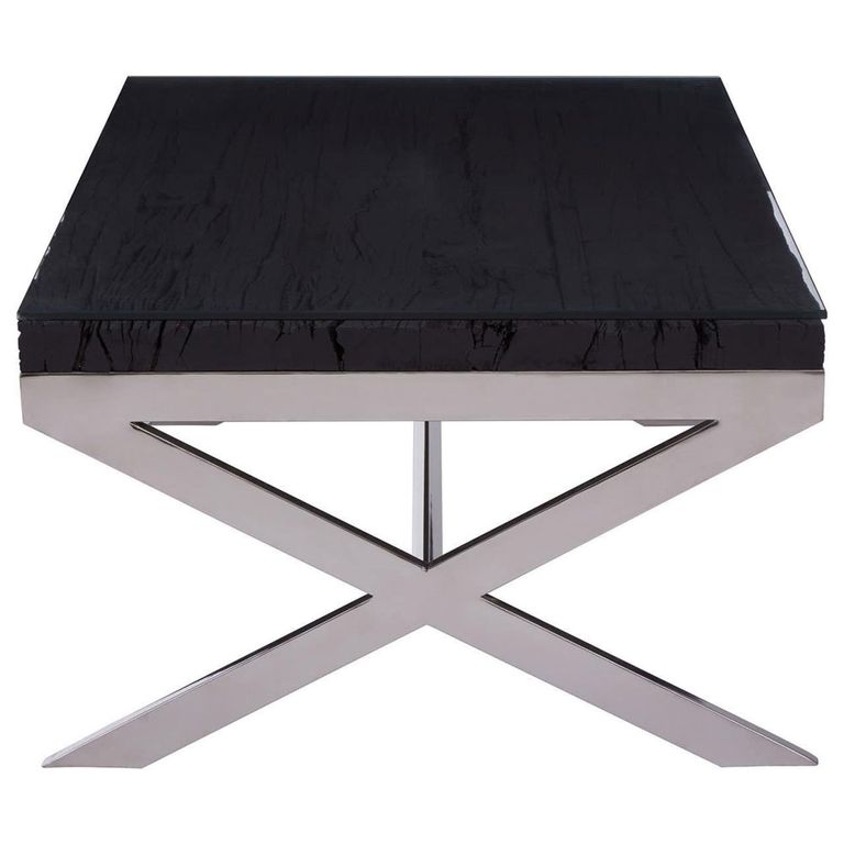 Kerala Coffee Table - Black Glass with Silver Cross Base