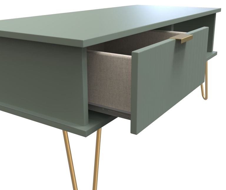 Linear Green 1 Drawer Coffee Table with Gold Hairpin Legs