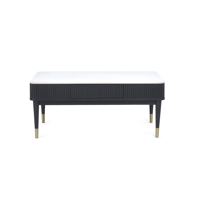 Louis Coffee Table - 2 Drawer - White Ceramic Top - Black Fluted Base