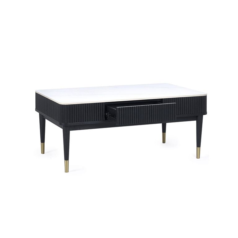 Louis Coffee Table - 2 Drawer - White Ceramic Top - Black Fluted Base