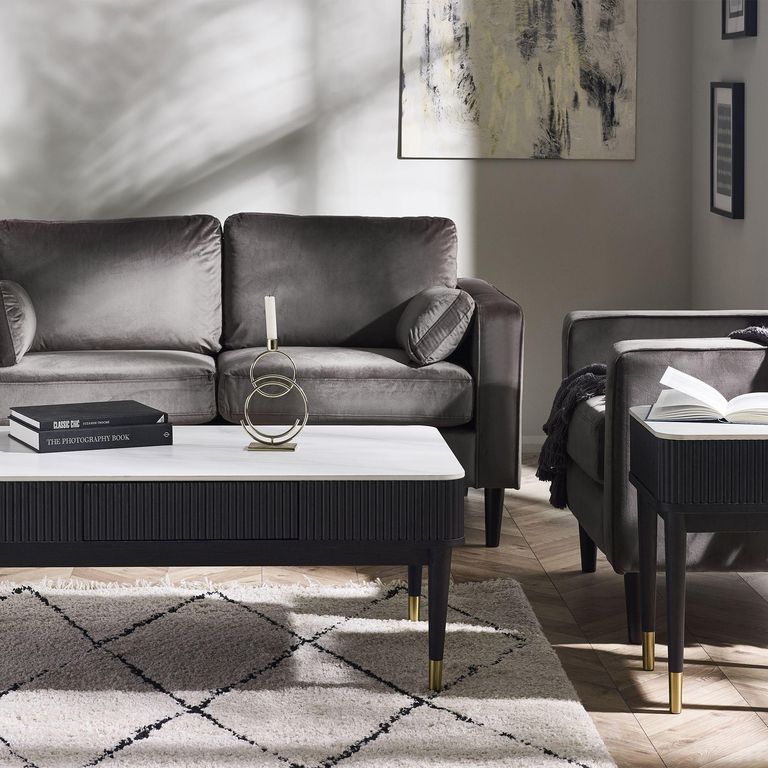 Louis Coffee Table - 2 Drawer - White Ceramic Top - Black Fluted Base