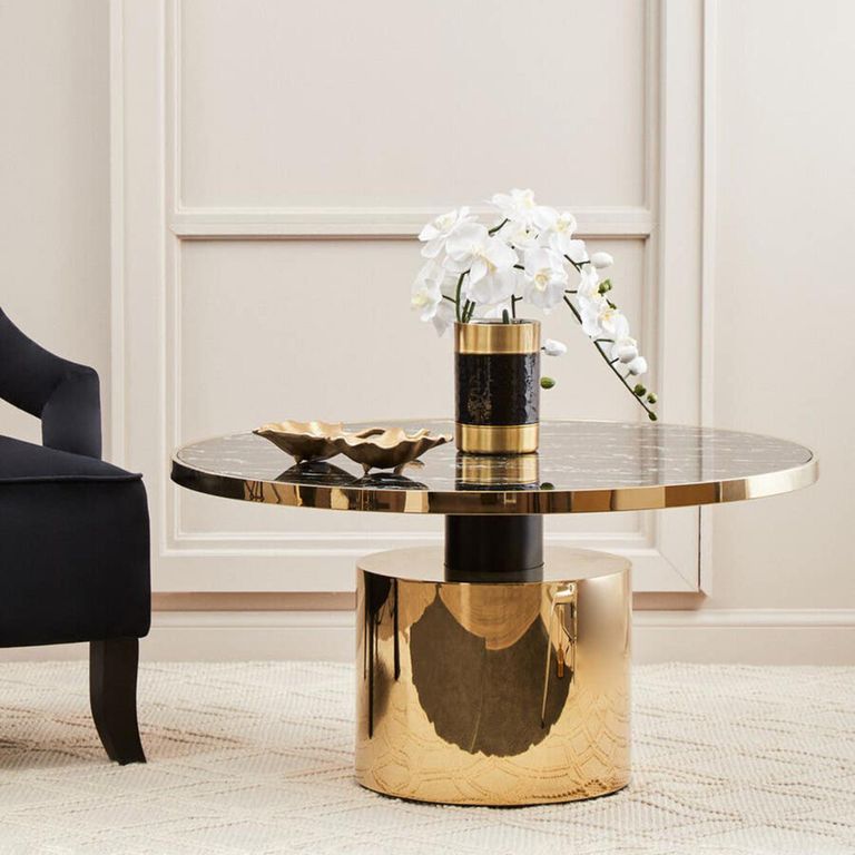 Oria Coffee Table - Black Marble Effect Round with Gold Base