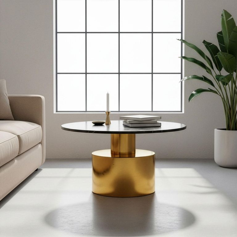 Rabia Coffee Table - Black Marble Round with Gold Base