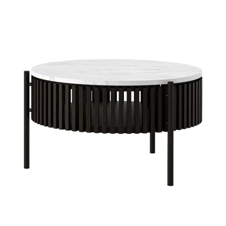 Soho Black Coffee Table - 1 Door - Slatted Story Round - White Marble Top