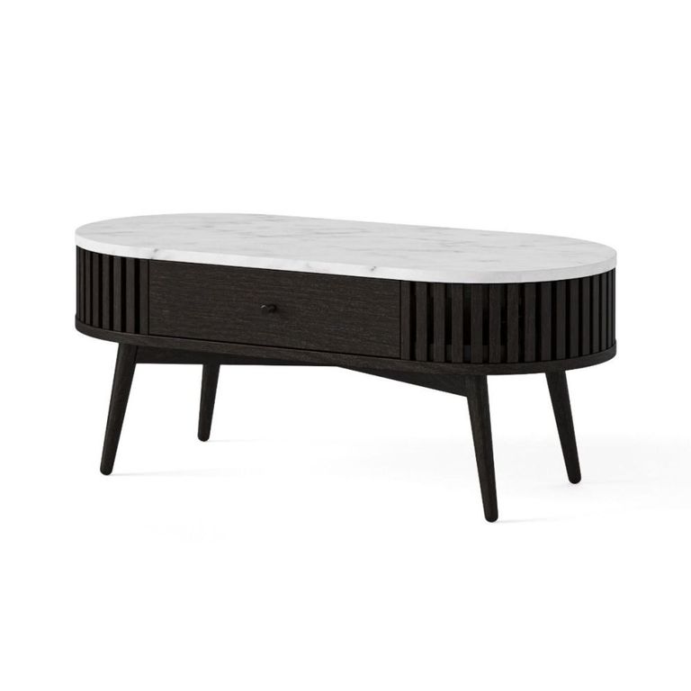 Soho Black Coffee Table - 1 Drawer - Slatted Oval - White Marble Top