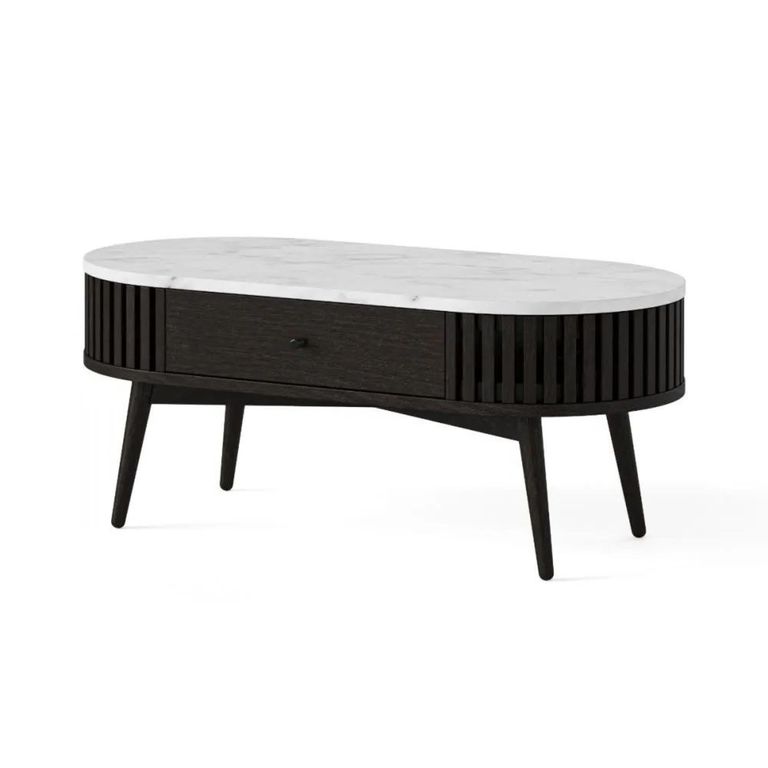 Soho Black Coffee Table - 1 Drawer - Slatted Oval - White Marble Top