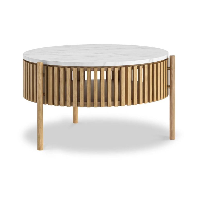 Soho Oak Coffee Table - 1 Door - Story Round Slatted - White Marble Top