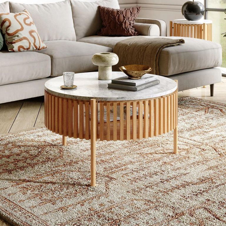Soho Oak Coffee Table - 1 Door - Story Round Slatted - White Marble Top