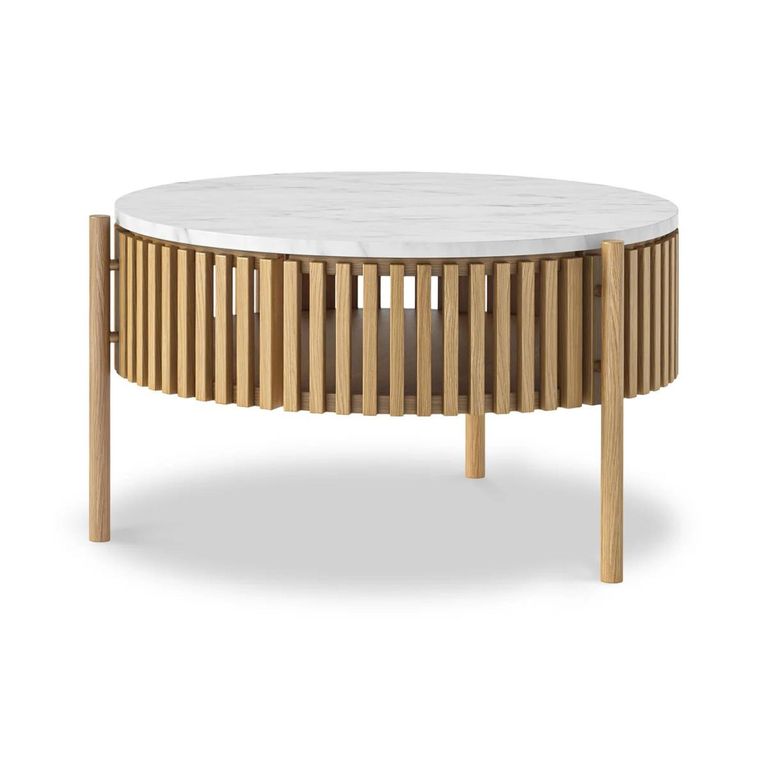 Soho Oak Coffee Table - 1 Door - Story Round Slatted - White Marble Top