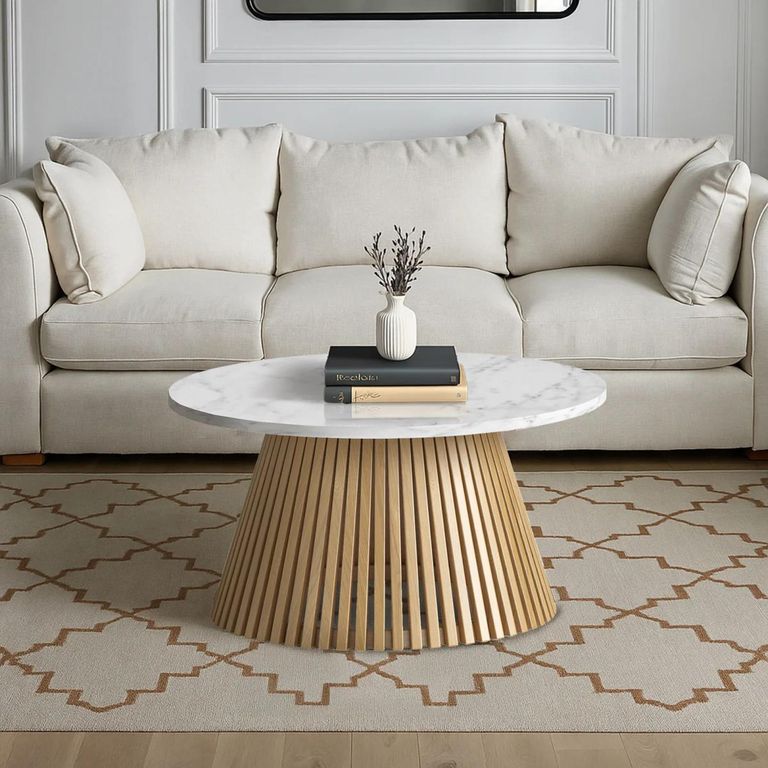 Soho Oak Coffee Table - Slatted Round - White Marble Top
