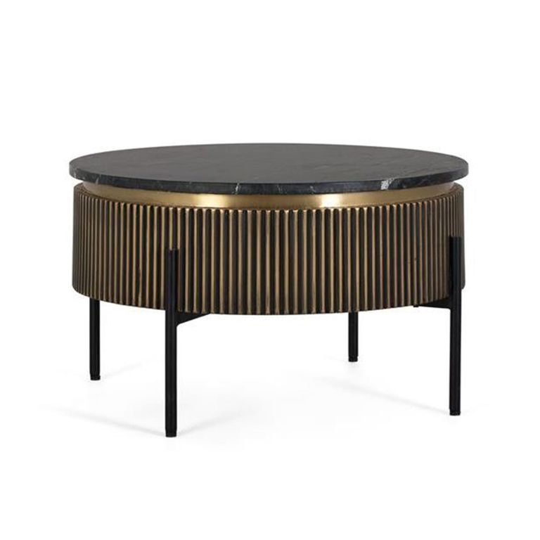 Stephen Coffee Table - Ribbed Brass - Round - Black Marble Top