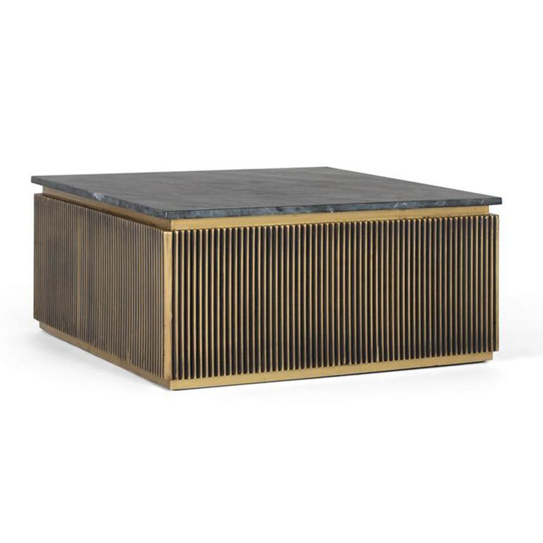 Stephen Coffee Table - Ribbed Brass - Square - Black Marble Top