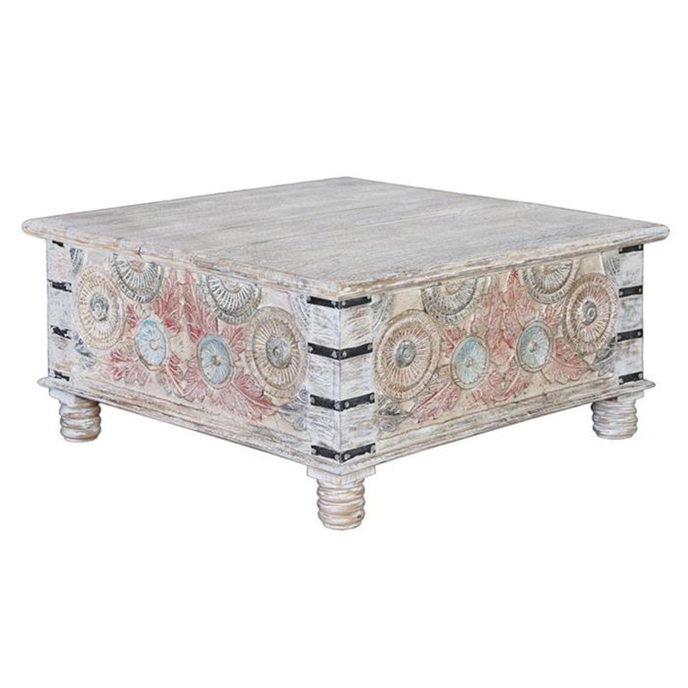 Tangazo Coffee Table - White Washed Mango Wood - Storage - Round