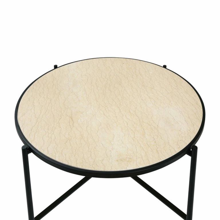 Coffee Table - Round - Travertine Marble and Black Metal