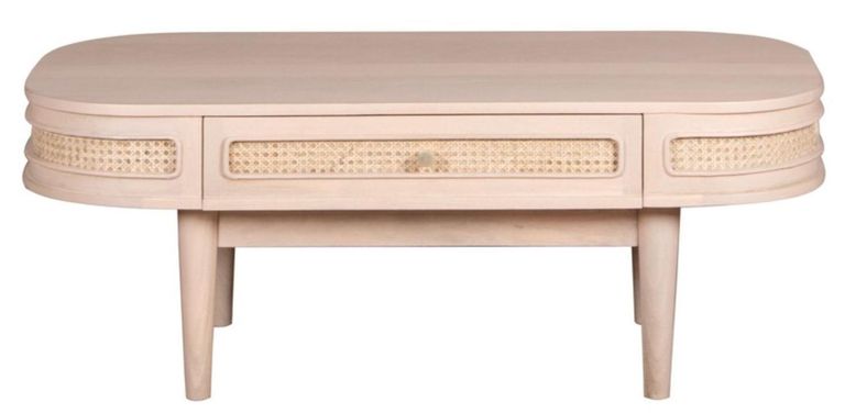 Vance Curved Natural Rattan and Mango Wood Storage Coffee Table