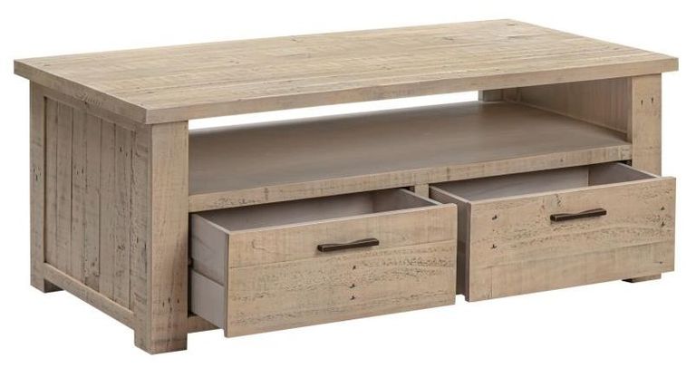 Washed Grey Reclaimed Pine 2 Drawer Coffee Table