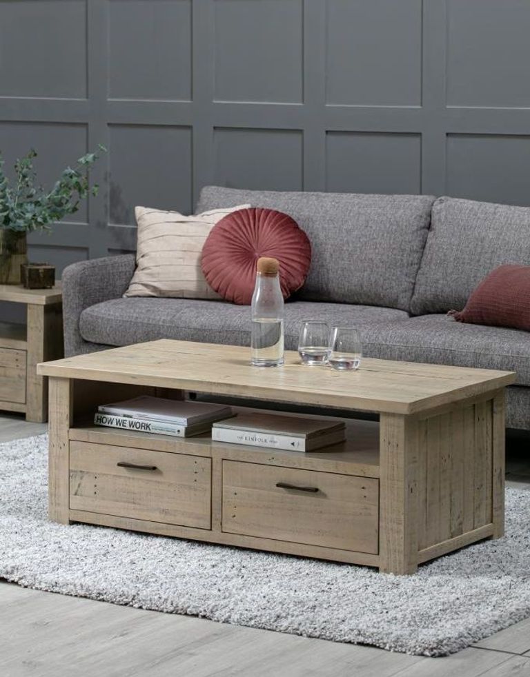 Washed Grey Reclaimed Pine 2 Drawer Coffee Table