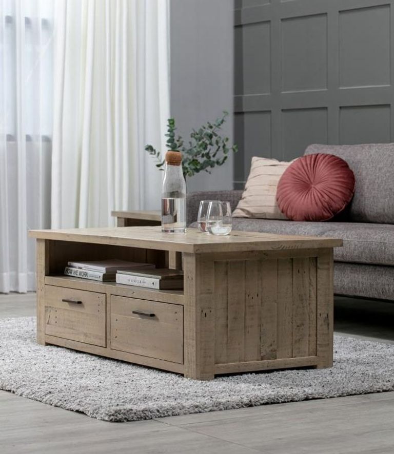 Washed Grey Reclaimed Pine 2 Drawer Coffee Table