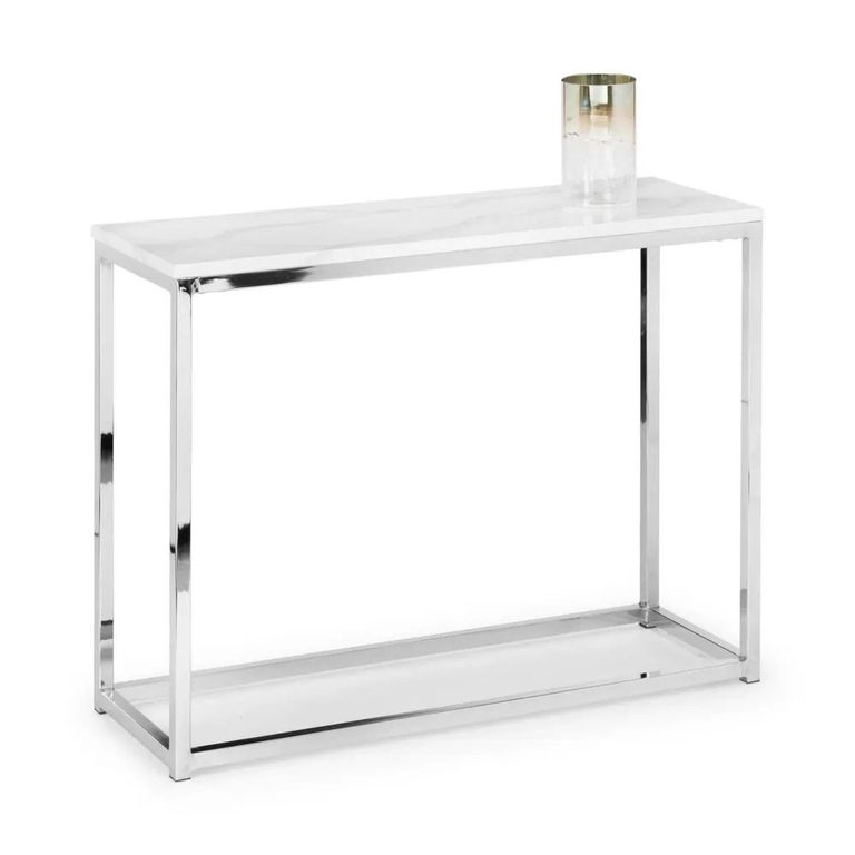 Clearance - Scala Console Table - 100cm - White Marble Effect and Chrome - A623