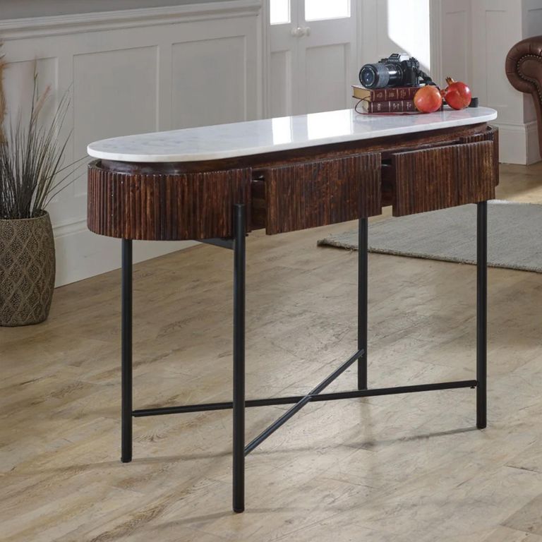 Opal Fluted Console Table - 2 Drawer - White Marble Top - Mango Wood