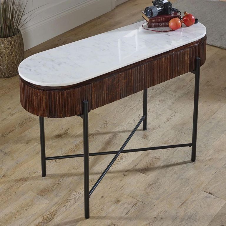 Opal Fluted Console Table - 2 Drawer - White Marble Top - Mango Wood