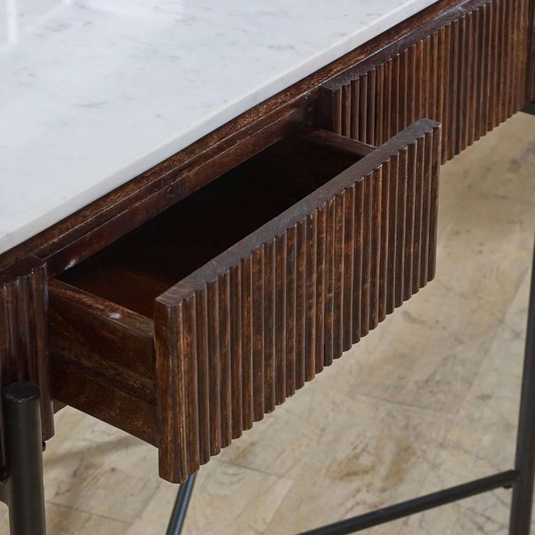 Opal Fluted Console Table - 2 Drawer - White Marble Top - Mango Wood