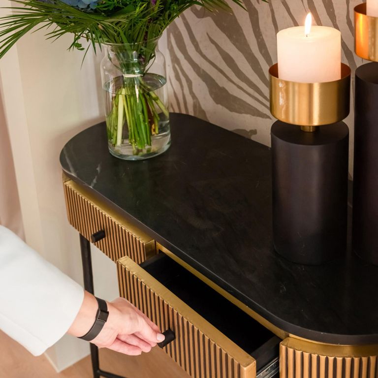 Ironville Brass Ribbed 2 Drawer Curved Console Table