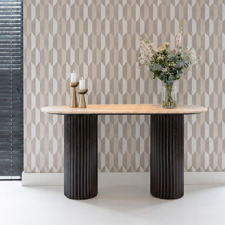 Hampton Travertine Beige Top Console Table with Black Fluted Base