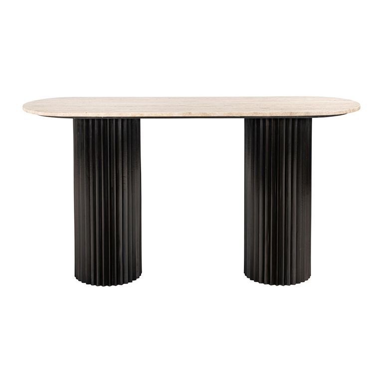 Hampton Travertine Beige Top Console Table with Black Fluted Base
