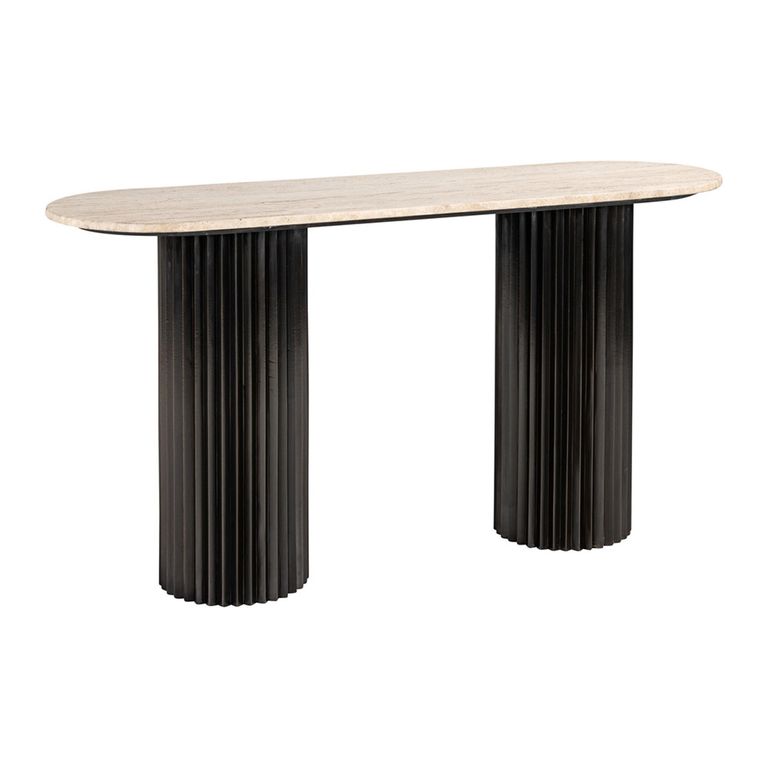 Hampton Travertine Beige Top Console Table with Black Fluted Base