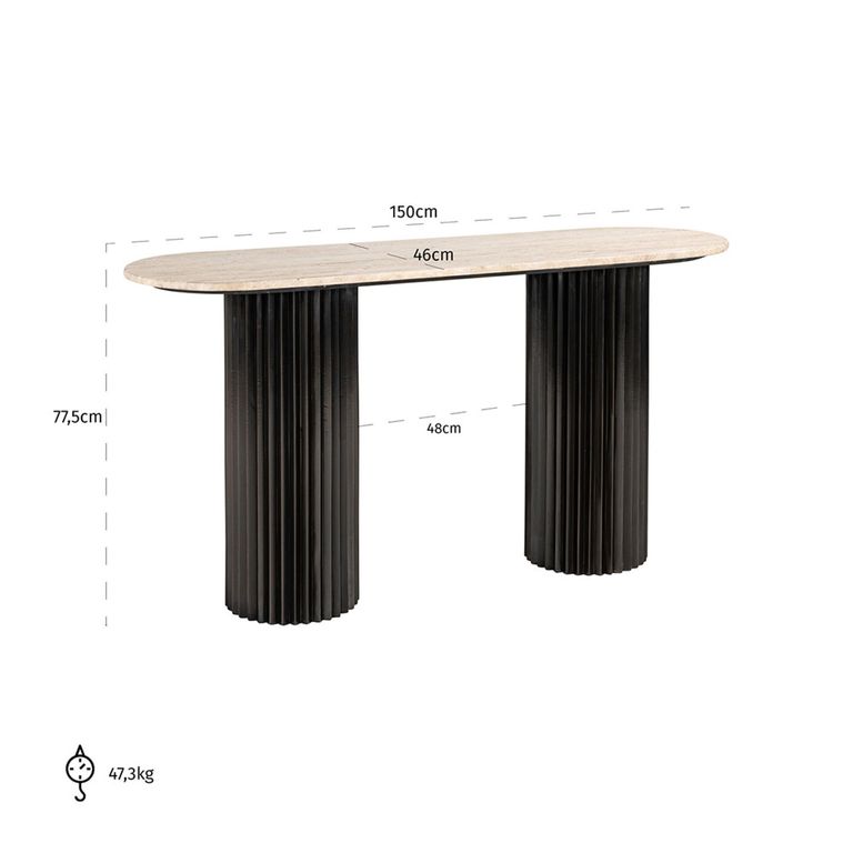 Hampton Travertine Beige Top Console Table with Black Fluted Base