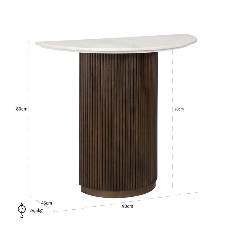 Mayfield White Marble Top Half Moon Console Table - Dark Wood Fluted Base