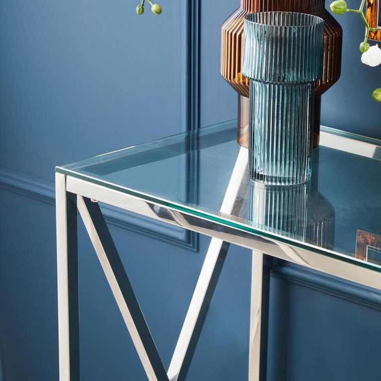 Allure Console Table - Glass - Silver Cross Base