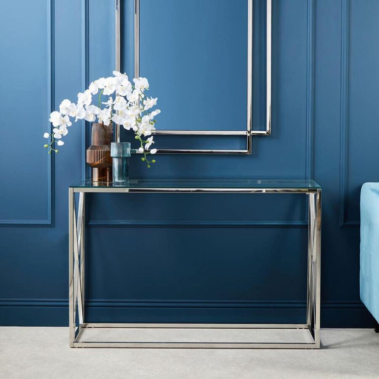 Allure Console Table - Glass - Silver Cross Base