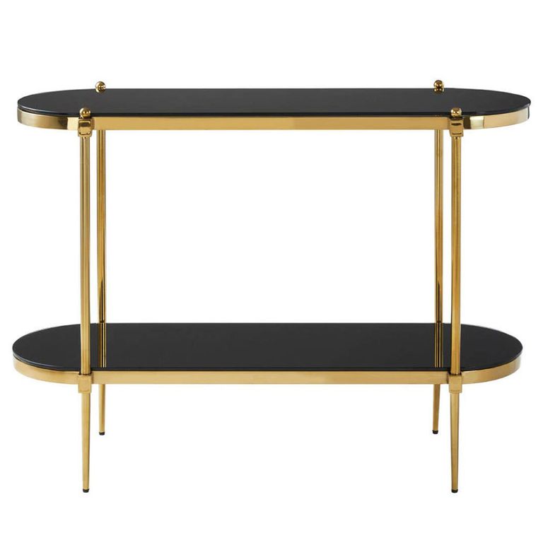 Arezzo Console Table - Oval - Black Glass and Gold Metal - with Shelf