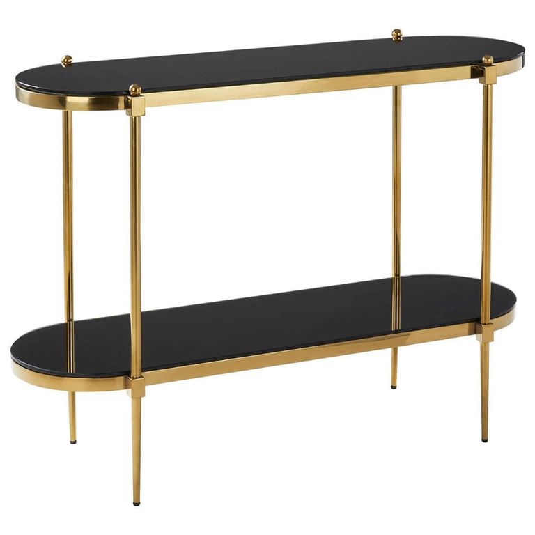 Arezzo Console Table - Oval - Black Glass and Gold Metal - with Shelf