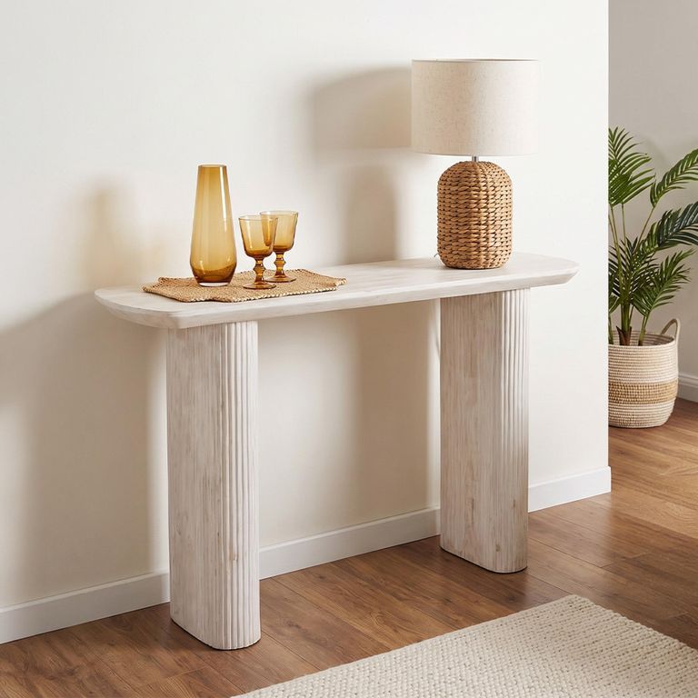 Bern Pedestal Console Table - White Washed Oak - Fluted