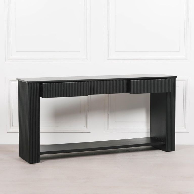 Acacia Wood Fluted Console Table - Black Painted - Large