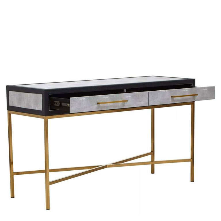 Cadio Console Table - 2 Drawer - Grey Faux Shagreen with Gold Legs