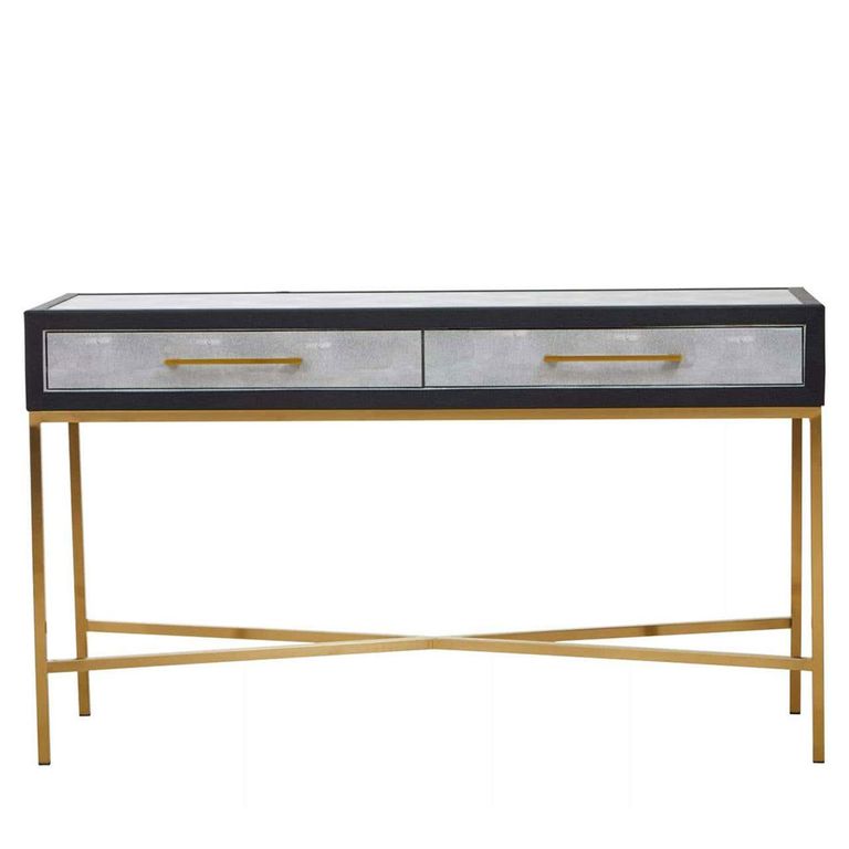 Cadio Console Table - 2 Drawer - Grey Faux Shagreen with Gold Legs