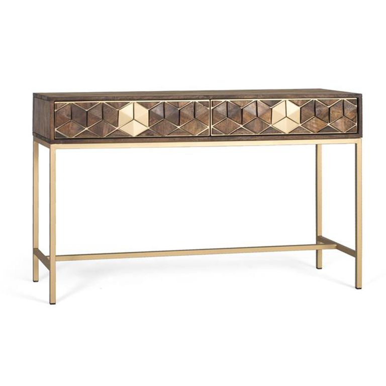 Caltan Console Table - 2 Drawer - Walnut Mango Wood and Gold - Geometric