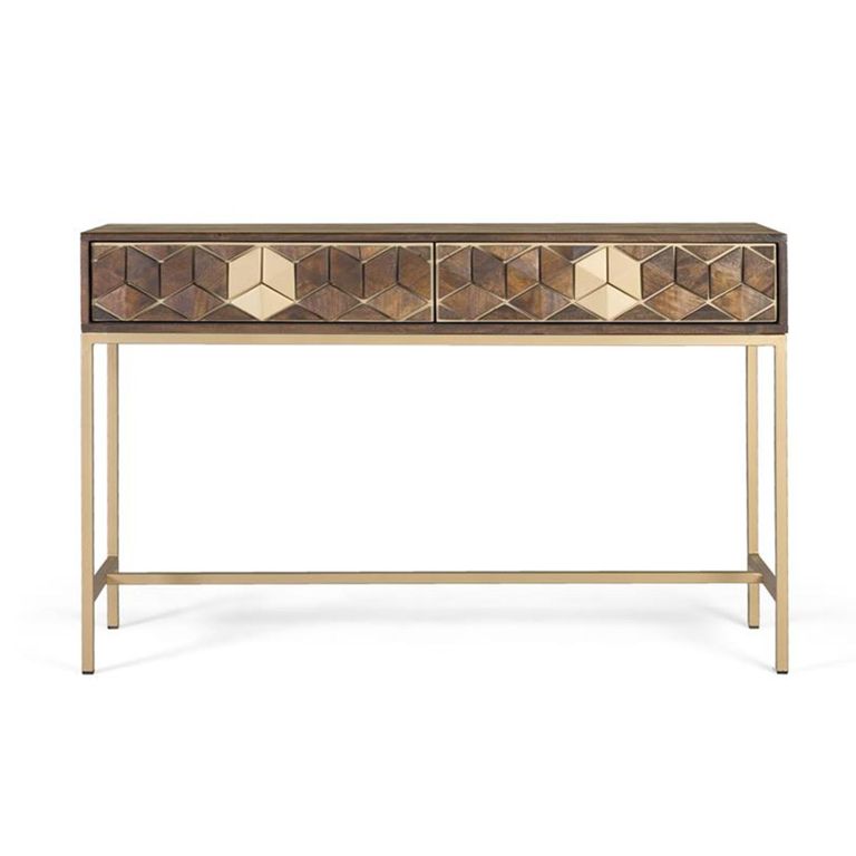 Caltan Console Table - 2 Drawer - Walnut Mango Wood and Gold - Geometric