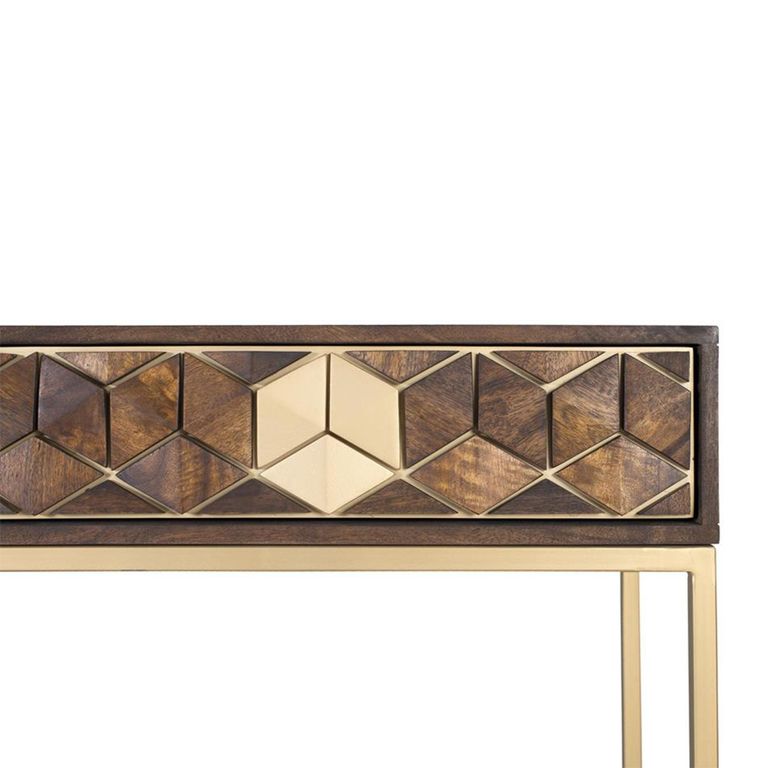 Caltan Console Table - 2 Drawer - Walnut Mango Wood and Gold - Geometric