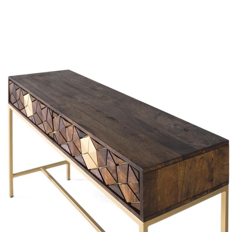 Caltan Console Table - 2 Drawer - Walnut Mango Wood and Gold - Geometric