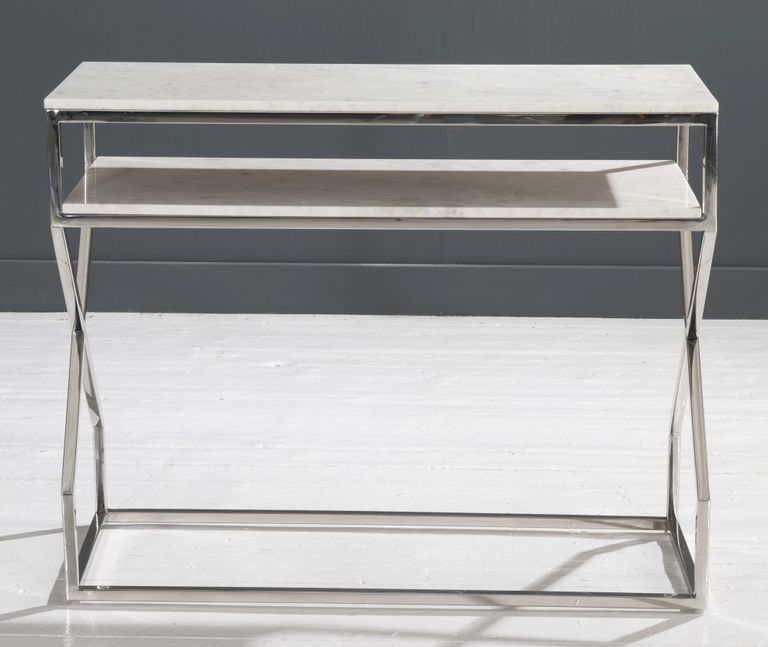 Clearance - Crossroad Marble Console Table, White Top with Stainless Steel Chrome Frame - Brand New Item