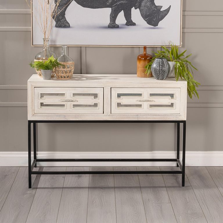 Clearance - Geo White Mirrored Console Table - 2 Drawer - Brand New Item