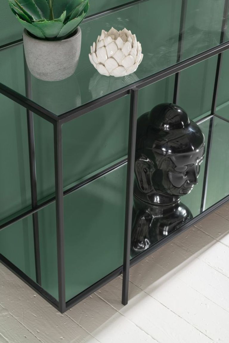 Clearance - Hyde Black Metal Console Table, Clear Glass Top with Mirrored Bottom Shelf - Brand New Item